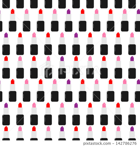Seamless lipstick pattern depicts red and pink makeup shades in neat rows of black tubes over white. Hand drawn vector illustration for cosmetic packaging, shop stationery, fabric prints and gift wrap Seamless lipstick pattern depicts red and pink makeup shades in neat rows of black tubes over white. Hand drawn vector illustration for cosmetic packaging, shop stationery, fabric prints and gift wrap 142786276