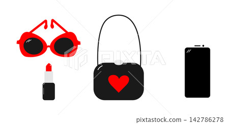 Fashion accessories set shows red sunglasses, lipstick, a heart handbag and a mobile phone on white. Hand drawn vector illustration for boutique ads, retail banners, beauty blogs and fashion packaging Fashion accessories set shows red sunglasses, lipstick, a heart handbag and a mobile phone on white. Hand drawn vector illustration for boutique ads, retail banners, beauty blogs and fashion packaging 142786278