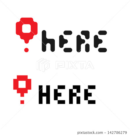 Location logo set unites red map pins with black Here lettering in rounded and angular pixel styles. Hand drawn vector illustration for navigation branding, locator services, website logos and signage Location logo set unites red map pins with black Here lettering in rounded and angular pixel styles. Hand drawn vector illustration for navigation branding, locator services, website logos and signage 142786279
