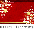 Japanese-style celebratory background, cute, floral pattern, red, illustration, horizontal 142786464