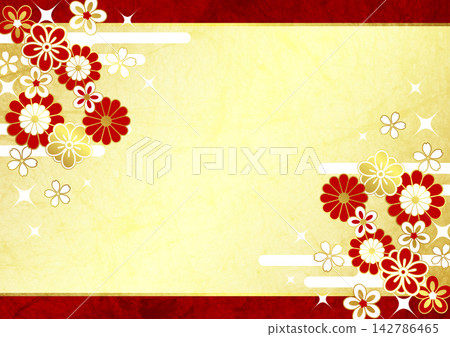 Japanese-style celebratory background, cute, floral pattern, gold, illustration, horizontal 142786465