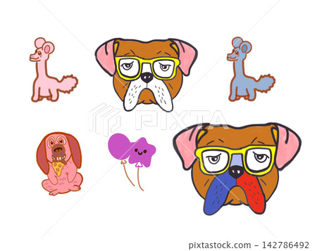 Cute dog and monster sticker set with cool glasses bulldog, funny puppy eating pizza, llama creatures, and balloons Cute dog and monster sticker set with cool glasses bulldog, funny puppy eating pizza, llama creatures, and balloons 142786492