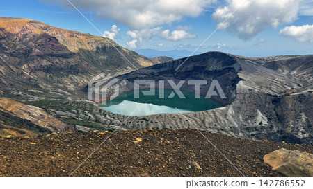 The breathtaking view of Okama, the beautifully sparkling emerald-green crater lake that is a symbol of the Zao mountain range. The breathtaking view of Okama, the beautifully sparkling emerald-green crater lake that is a symbol of the Zao mountain range. 142786552