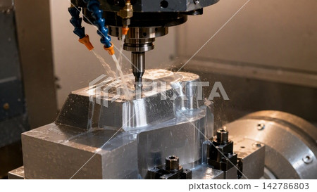3 axis machining center cuts the engine cylinder block with a solid ball-end mill 3 axis machining center cuts the engine cylinder block with a solid ball-end mill 142786803