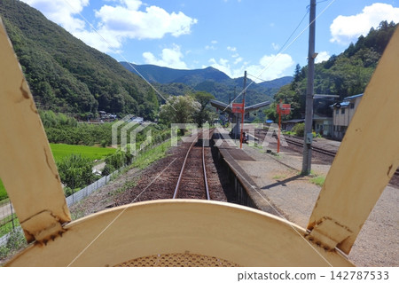 從鐵路模型火車的正面視角看去，該火車的設計仿照新幹線0系列車駛入江川崎站。 142787533
