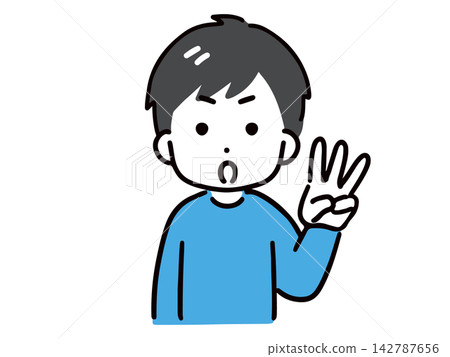 A young man in casual clothes is making a gesture by holding up three fingers. 142787656