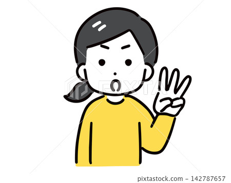 A young woman in casual clothes is holding up three fingers to indicate something. A young woman in casual clothes is holding up three fingers to indicate something. 142787657
