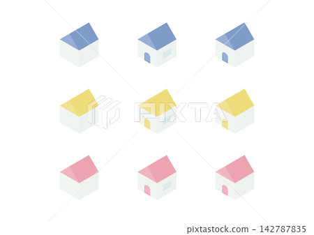 A set of simple isometric illustrations of a house with windows and doors (blue, yellow, pink). A set of simple isometric illustrations of a house with windows and doors (blue, yellow, pink). 142787835