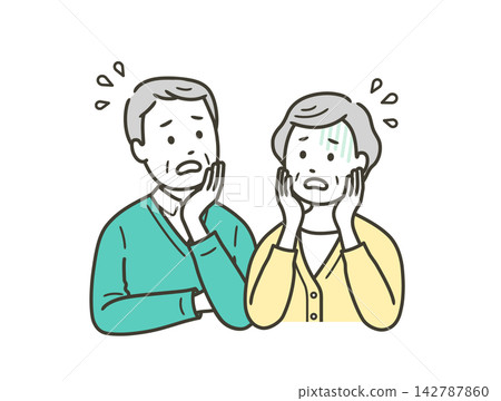 An illustration of the upper bodies of an elderly couple who are in distress and anxious. An illustration of the upper bodies of an elderly couple who are in distress and anxious. 142787860