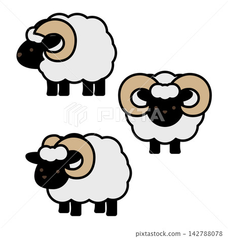 A set of illustrations of adorable rams with magnificent horns and fluffy fur. A set of illustrations of adorable rams with magnificent horns and fluffy fur. 142788078