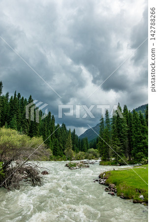 Karakol Gorge mountain valley with rushing river Kyrgyzstan Karakol Gorge mountain valley with rushing river Kyrgyzstan 142788266