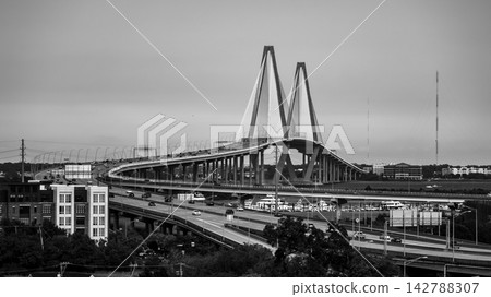 Elevated view of the Arthur Ravenel Jr. Bridge and highway approach interchanges in Charleston South Carolina Elevated view of the Arthur Ravenel Jr. Bridge and highway approach interchanges in Charleston South Carolina 142788307