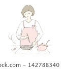 A woman in an apron cooking in a frying pan. 142788340