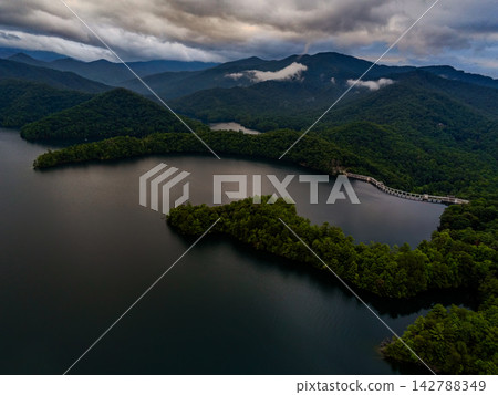Lake Santeetlah aerial landscape of mountain forest Lake Santeetlah aerial landscape of mountain forest 142788349