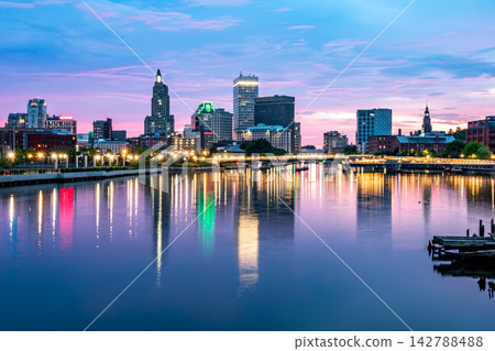 Vibrant sunset and city skyline reflecting on the river at Providence Rhode Island Vibrant sunset and city skyline reflecting on the river at Providence Rhode Island 142788488