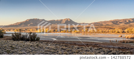 Pahranagat Lake Nevada at Golden Hour with Desert Mountains and Autumn Trees Pahranagat Lake Nevada at Golden Hour with Desert Mountains and Autumn Trees 142788572