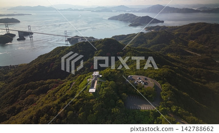 [Aerial view] Kurushima Strait and Kirosan Mountain at sunset 142788662
