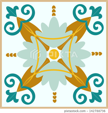 Intricate Geometric Pattern Featuring Leafy Shapes and Curved Lines in a Colorful Symmetric Design Intricate Geometric Pattern Featuring Leafy Shapes and Curved Lines in a Colorful Symmetric Design 142788736