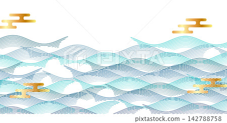 Japanese-style wave pattern and golden cloud background Japanese-style wave pattern and golden cloud background 142788758