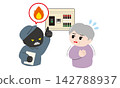 An illustration of an elderly woman trembling with anxiety after being threatened with a fire. 142788937