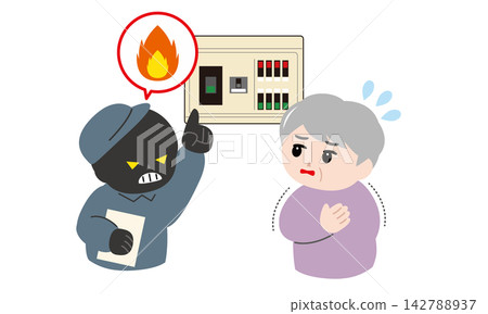 An illustration of an elderly woman trembling with anxiety after being threatened with a fire. An illustration of an elderly woman trembling with anxiety after being threatened with a fire. 142788937