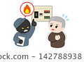 An illustration of an elderly man trembling with anxiety after being threatened with a fire. 142788938