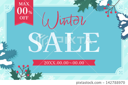 Light blue winter sale template 1_horizontal with snowflake and conifer leaf frame Light blue winter sale template 1_horizontal with snowflake and conifer leaf frame 142788970