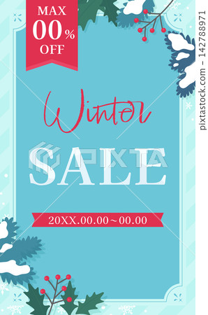 Light blue winter sale template 1_vertical with snowflake and conifer leaf frame Light blue winter sale template 1_vertical with snowflake and conifer leaf frame 142788971
