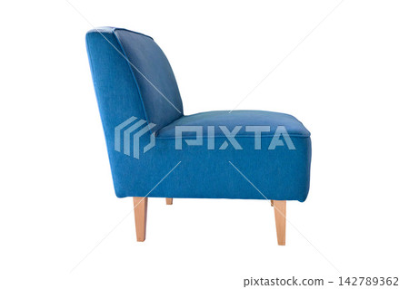 Blue fabric sofa on wooden legs isolated on white background Blue fabric sofa on wooden legs isolated on white background 142789362