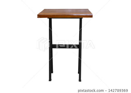 Wooden table steel legs simplistic isolated on white background Wooden table steel legs simplistic isolated on white background 142789369