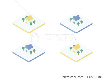 Isometric illustration set of houses placed on tiles (yellow and blue) Isometric illustration set of houses placed on tiles (yellow and blue) 142789486