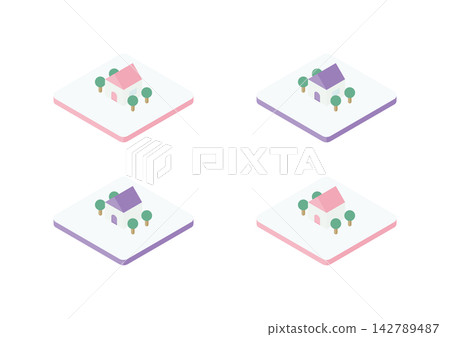 Isometric illustration set of houses placed on tiles (pink and purple) Isometric illustration set of houses placed on tiles (pink and purple) 142789487