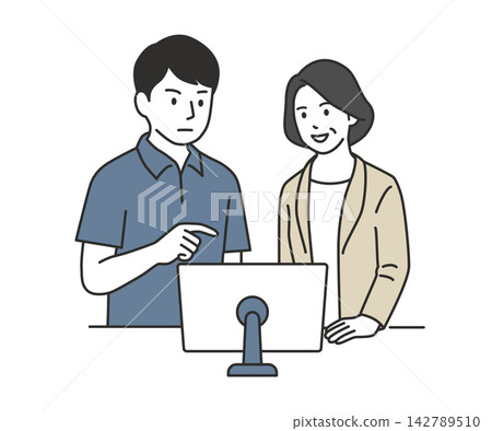 Illustration of a male caregiver meeting with a care manager while looking at a computer screen. Team Care/Care DX Illustration of a male caregiver meeting with a care manager while looking at a computer screen. Team Care/Care DX 142789510