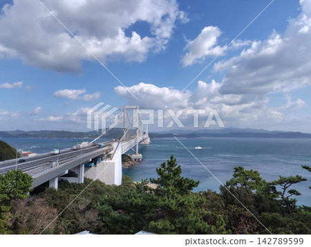 從鳴門山上可以俯瞰通往鳴門大橋的道路和廣闊的鳴門海峽全景。 142789599