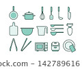 Kitchenware line art icon set, 18 types, color: green 142789616