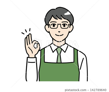 插圖描繪了一位身穿圍裙、做出「OK」手勢的男店員。 插圖描繪了一位身穿圍裙、做出「OK」手勢的男店員。 142789640