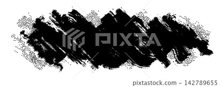 Grunge brush stroke texture. Abstract distorted halftone paint frame background. Rough edges distressed dotted strokes overlay. Rolled stamp ink dynamic scratch backdrop. Vector banner wallpaper 142789655