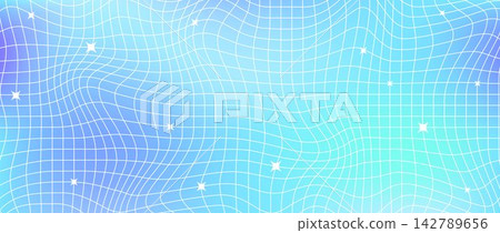 Y2k trippy sparkle grid mesh background. Distorted wireframe pattern with stars. Groovy bluish gradient twinkle and line checkered wallpaper. Vector colorful gradation nostalgic aesthetic tile texture 142789656
