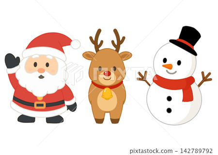 A set of three Christmas illustrations featuring Santa Claus, reindeer, and a snowman, on a white background. A set of three Christmas illustrations featuring Santa Claus, reindeer, and a snowman, on a white background. 142789792
