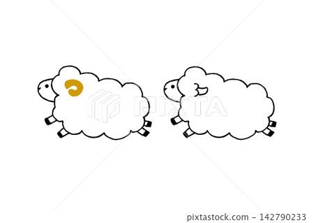 A simple illustration of two cute sheep drawn in hand-drawn line art, featuring an animal motif characterized by white wool and black outlines. A simple illustration of two cute sheep drawn in hand-drawn line art, featuring an animal motif characterized by white wool and black outlines. 142790233