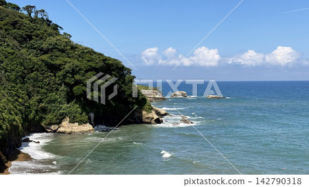 橋立海岸景色壯麗,天空、清澈的日本海和綠意盎然的懸崖交相輝映。 橋立海岸景色壯麗,天空、清澈的日本海和綠意盎然的懸崖交相輝映。 142790318