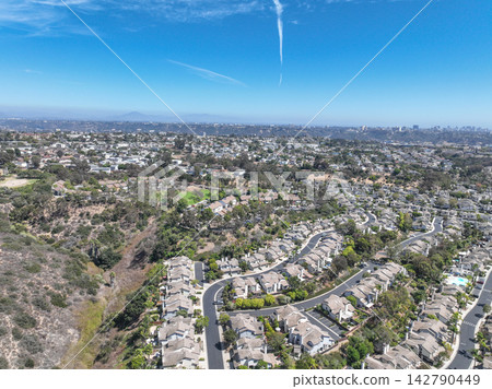 Aerial view of San Diego, Linda Vista neighborhood with houses and street Aerial view of San Diego, Linda Vista neighborhood with houses and street 142790449