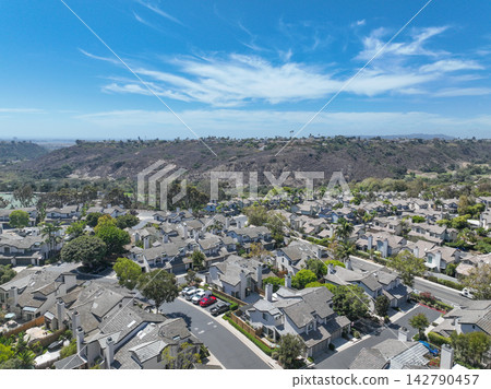 Aerial view of San Diego, Linda Vista neighborhood with houses and street Aerial view of San Diego, Linda Vista neighborhood with houses and street 142790457
