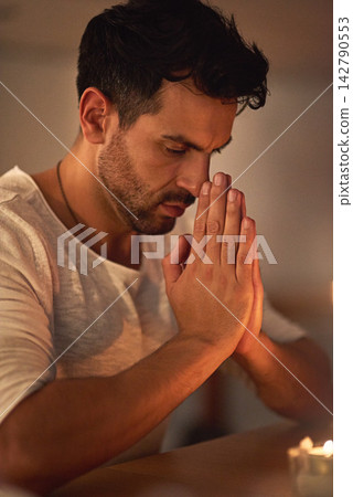 Man, hands and prayer with home, religion and worship for spiritual faith and belief. Christian, church and gratitude for compassion, understanding and confession for forgiveness and support Man, hands and prayer with home, religion and worship for spiritual faith and belief. Christian, church and gratitude for compassion, understanding and confession for forgiveness and support 142790553