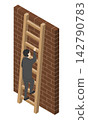 A male office worker attempts to climb a ladder to jump over a wall - isometric 142790783