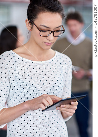 Woman, tablet and creative office working for agency, coworking workplace and online or startup business website. Review, planning and app for social networking and job, browse and typing information Woman, tablet and creative office working for agency, coworking workplace and online or startup business website. Review, planning and app for social networking and job, browse and typing information 142791007