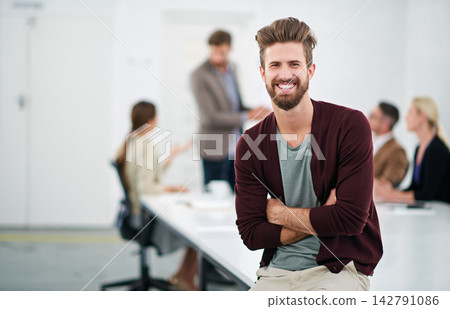 Businessman, portrait and office for creative job with people, happy employee and company goals with vision for growth. Coworking, workplace and meeting discussion, project manager and male person Businessman, portrait and office for creative job with people, happy employee and company goals with vision for growth. Coworking, workplace and meeting discussion, project manager and male person 142791086