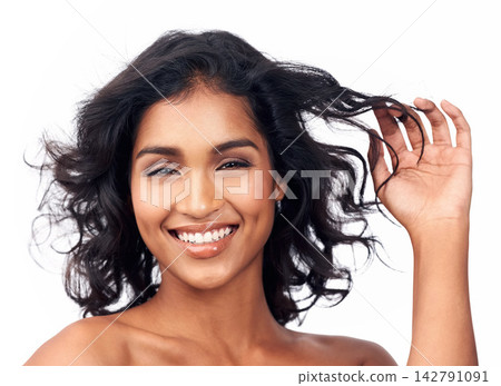 Woman, beauty and portrait in hair care or treatment in skincare or wellness in white background or studio. Female person, cosmetic and keratin for style, eyes closed and glow in isolated or backdrop 142791091