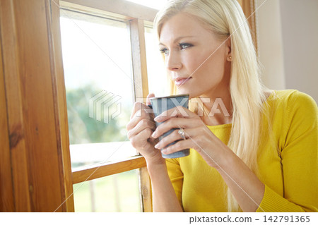 House, thinking and woman with coffee, window and ideas with planning, peace and happiness in lounge. Person, apartment or girl with morning tea, sunshine and espresso with view, wonder and solution House, thinking and woman with coffee, window and ideas with planning, peace and happiness in lounge. Person, apartment or girl with morning tea, sunshine and espresso with view, wonder and solution 142791365