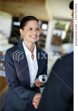 Business, woman and handshake in office for welcome greeting, hello and hiring for recruitment for corporate job in management. People, shaking hands and agreement for b2b client partnership or deal. Business, woman and handshake in office for welcome greeting, hello and hiring for recruitment for corporate job in management. People, shaking hands and agreement for b2b client partnership or deal. 142791444